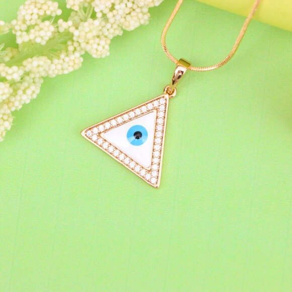 "Triangle Evil Eye Rose Gold Pendant with Cubic Zirconia Border, XPPT1474 - Picture 3 of 13